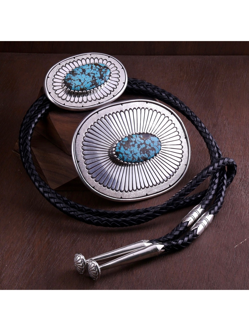 Toney Mitchell Navajo Sterling Silver Spiderweb Turquoise Belt Buckle & Bolo Set